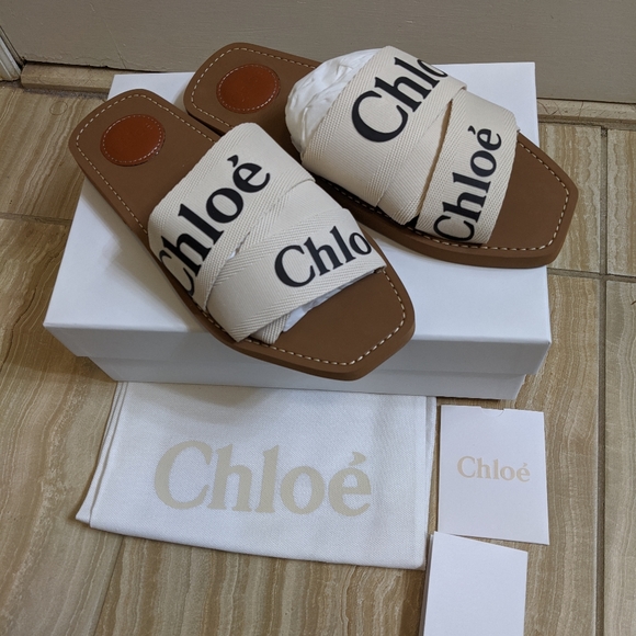 chloe woody flat logo ribbon slide sandals